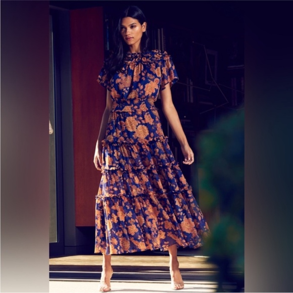 Misa Chiffon Suki Ruffle Maxi Dress Blue Marigold Floral Medium
